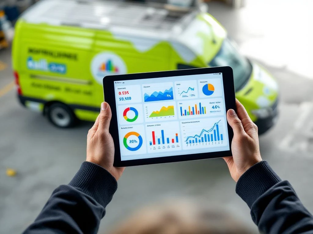 Handen houden tablet met analytics data en grafieken boven Mercedes Sprinter bestelwagen met groene bedrijfsgraphics