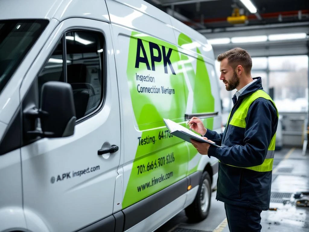 Inspecteur controleert witte bedrijfswagen met groene belettering tijdens APK-keuring in Nederlandse teststation