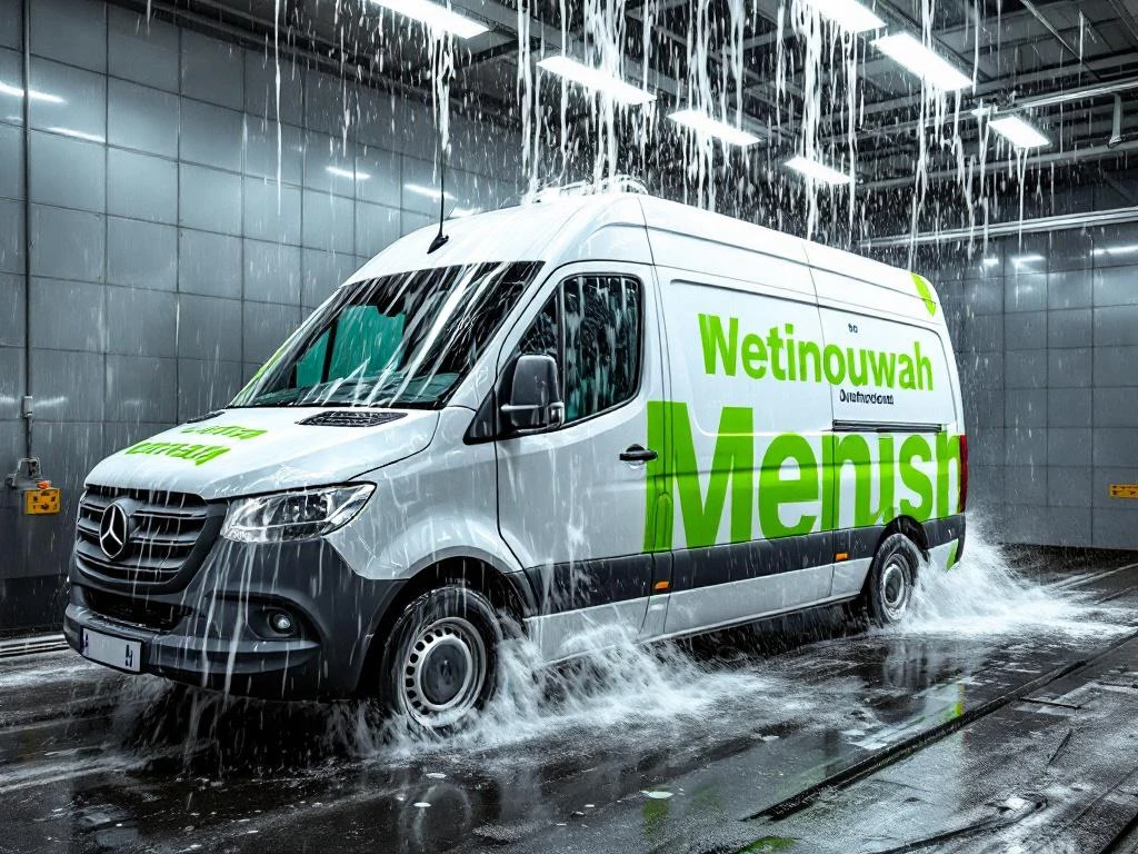 Witte Mercedes Sprinter bestelbus met limoengroene vinyl belettering in automatische wasstraat met water en schuim