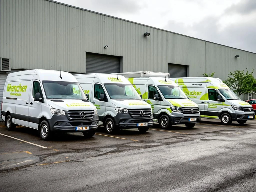 Diverse bedrijfsvoertuigen met lime groene vinyl belettering geparkeerd op Nederlands bedrijfsterrein, inclusief Mercedes Sprinter en VW bus