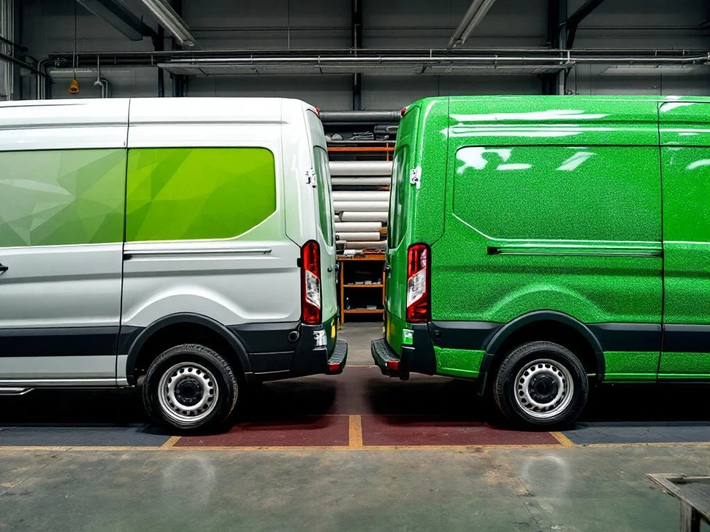 Twee witte bedrijfsbusjes in Nederlandse werkplaats tonen kostenverschil tussen gedeeltelijke en volledige groene vinyl wrapping