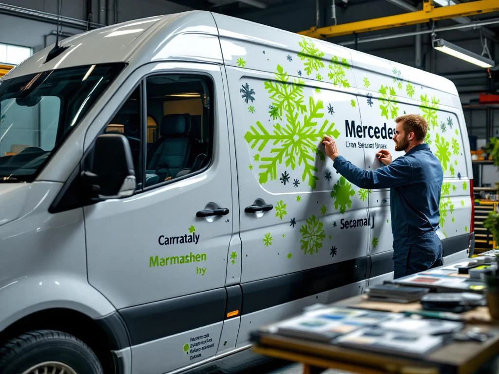 Technicus brengt seizoensgebonden vinyl graphics aan op witte Mercedes Sprinter bestelwagen in professionele werkplaats