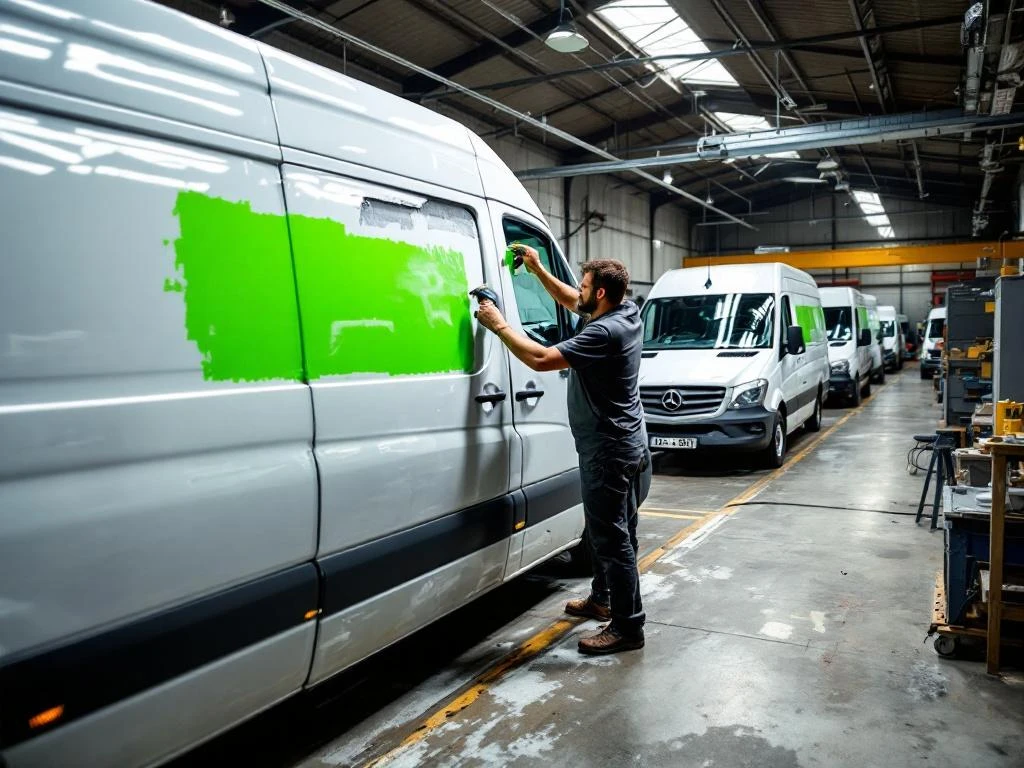 Monteur verwijdert oude vinyl belettering van witte Mercedes Sprinter bestelbus in werkplaats met warmtepistool
