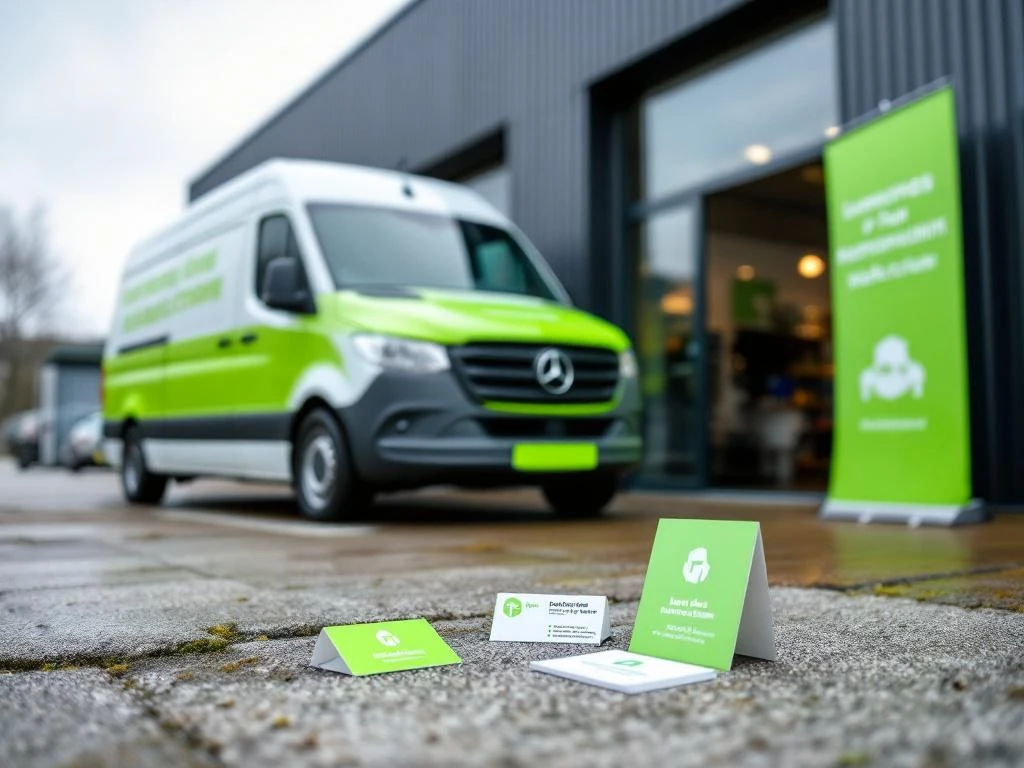 Witte Mercedes Sprinter bestelwagen met felgroene vinyl belettering en bijpassende pull-up banner en visitekaartjes


---

**Token Usage Analysis:**

Input tokens: ~390
Output tokens: ~25
Total: ~415 tokens
Well within 200,000 budget ✓