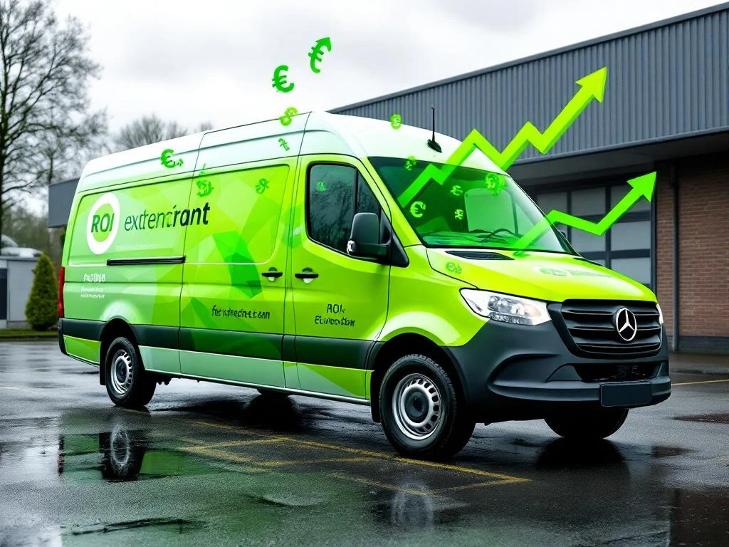 Witte Mercedes Sprinter bedrijfswagen met groene vinyl belettering en zwevende financiële symbolen op Nederlandse parkeerplaats