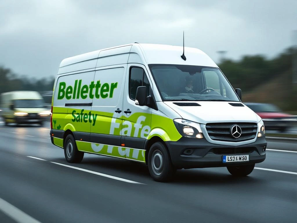 Witte Mercedes Sprinter met groene veiligheidsbelettering rijdt op Nederlandse snelweg bij bewolkt weer