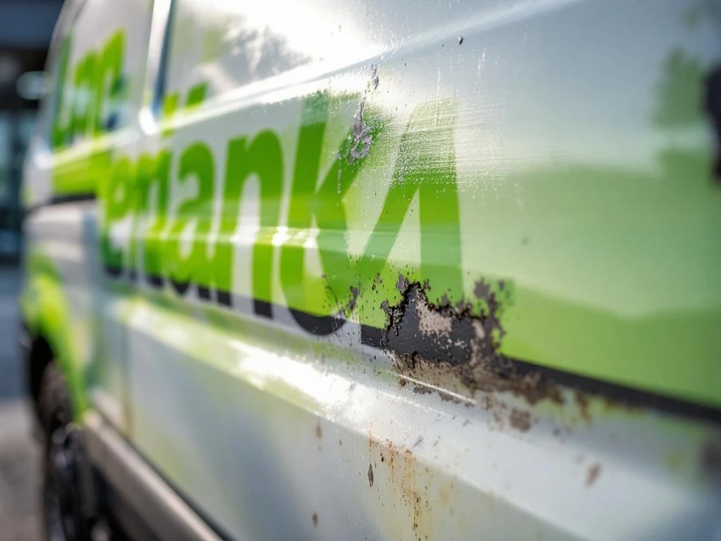 Witte bedrijfswagen met versleten lichtgroene vinyl belettering die verkleuring en loslating toont door ouderdom