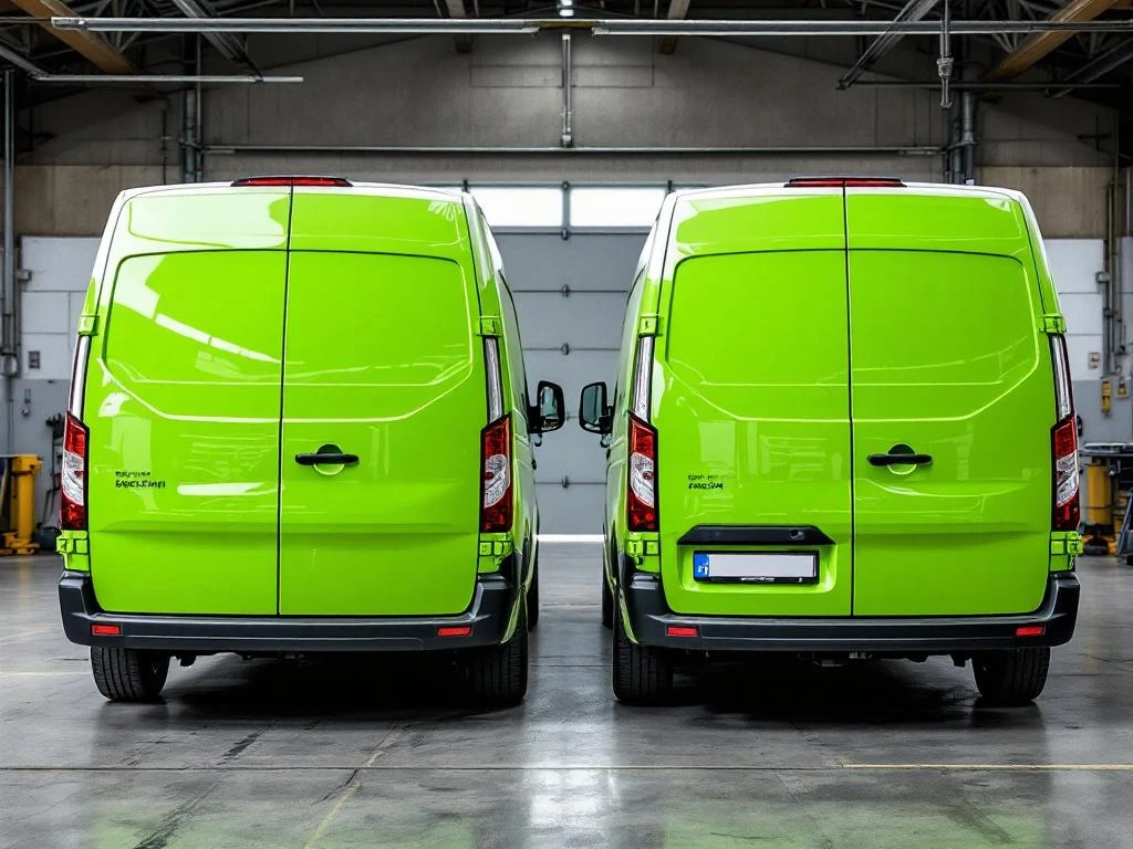 Twee witte bedrijfsbusjes in werkplaats tonen verschil tussen volledige en gedeeltelijke groene wrap belettering