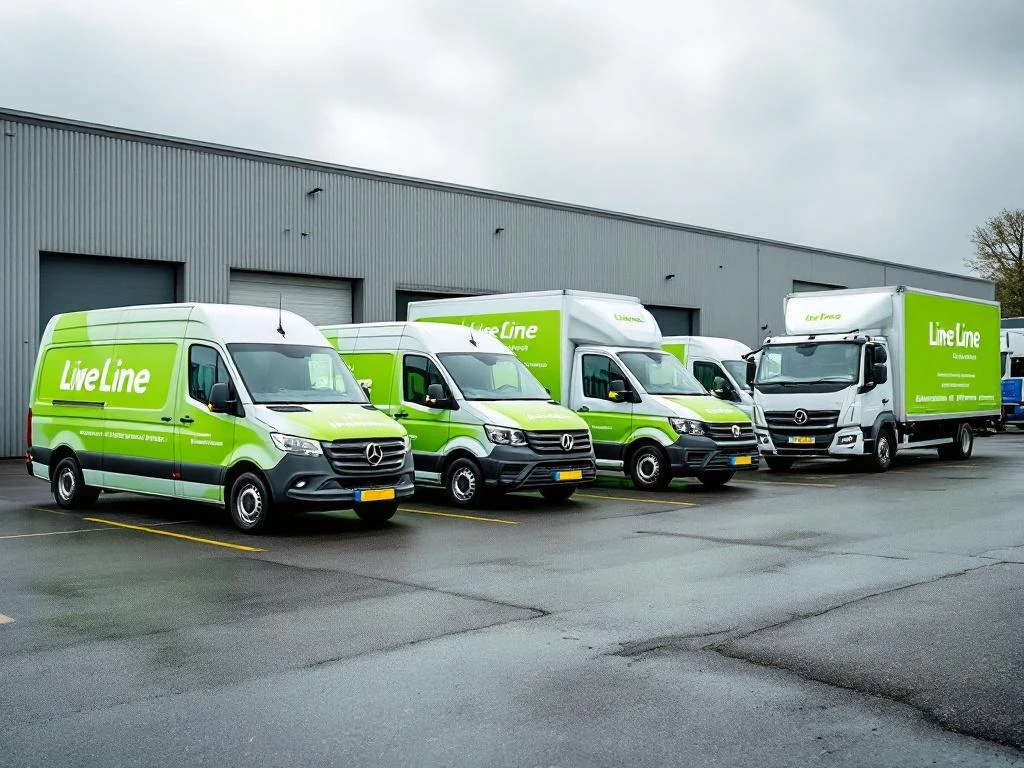 Vloot van witte bedrijfsvoertuigen met limoengroene branding geparkeerd bij Nederlands bedrijf, inclusief Mercedes Sprinter en VW Transporter