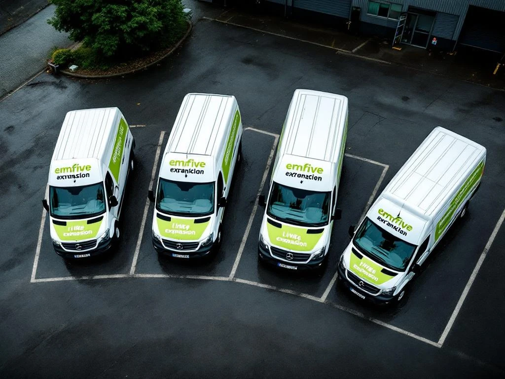 Vier witte bedrijfsbusjes met groene reclame op parkeerplaats, luchtfoto van wagenpark bij Nederlands bedrijf