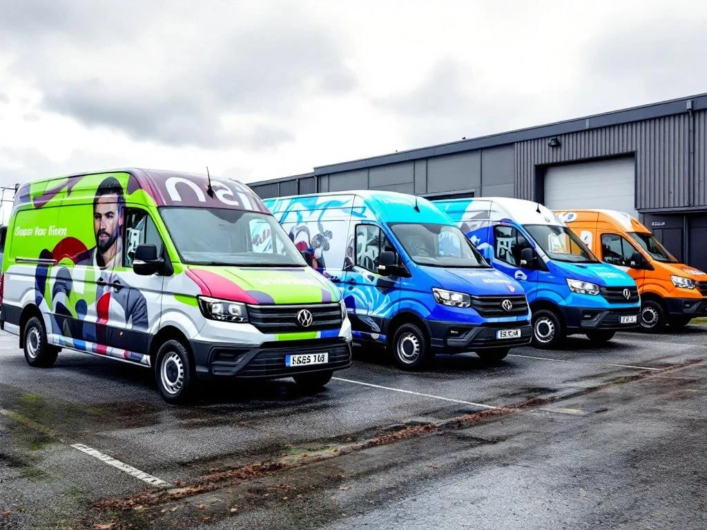 Commerciële bedrijfswagens met kleurrijke reclame-ontwerpen geparkeerd op Nederlandse bedrijfslocatie