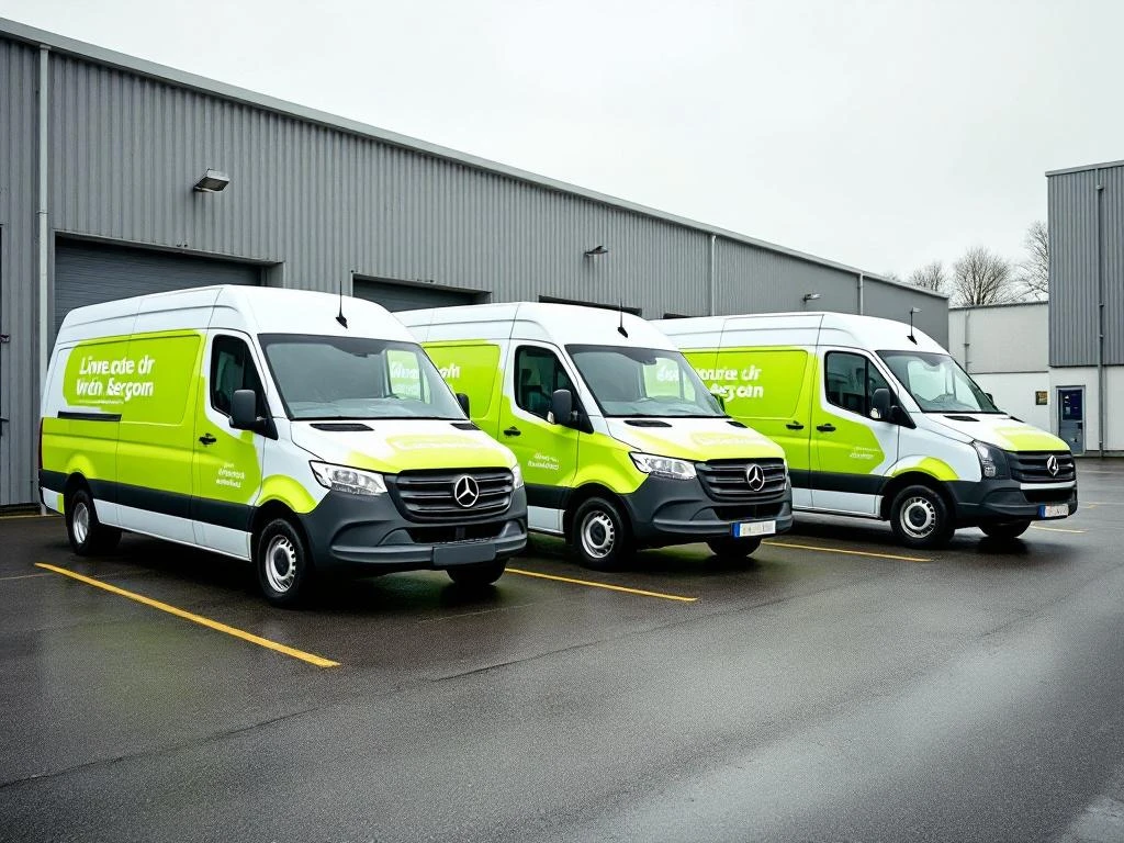 Drie witte bedrijfsbusjes met groene reclame geparkeerd op Nederlands industrieterrein, Mercedes en VW modellen