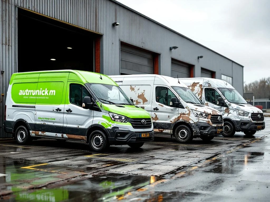 Drie witte bedrijfsbusjes met verschillende stadia van vinyl wrap slijtage geparkeerd op industrieterrein