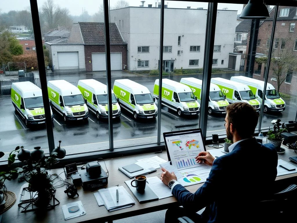 Nederlandse ondernemer bekijkt planningsdocumenten aan bureau met uitzicht op vloot van 8 witte bedrijfsbusjes met TTP-branding