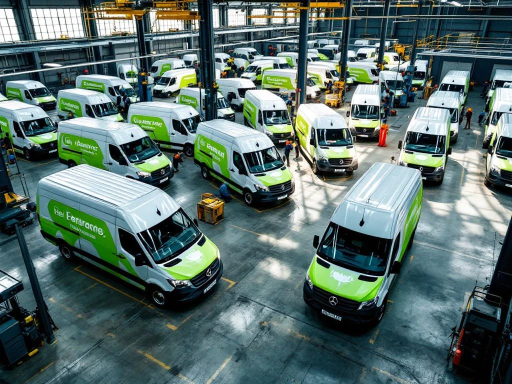 Witte bedrijfswagens met groene belettering worden onderhouden door monteurs in grote werkplaats met professionele uitrusting