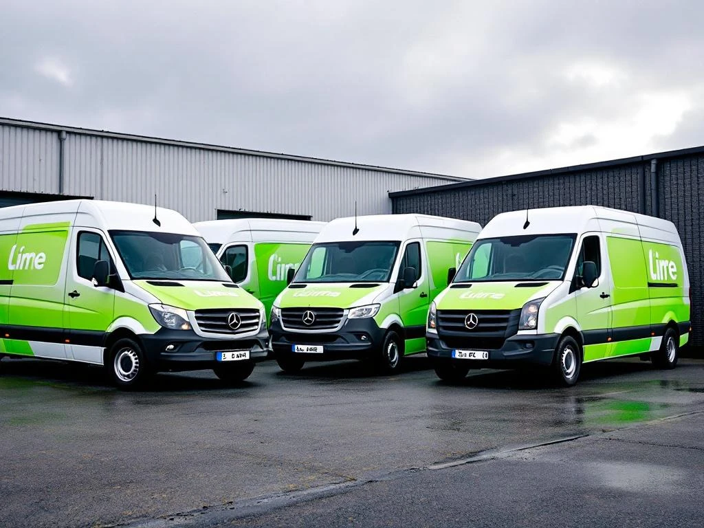 Drie witte bedrijfsbusjes met groene reclame geparkeerd op Nederlands industrieterrein onder bewolkte hemel