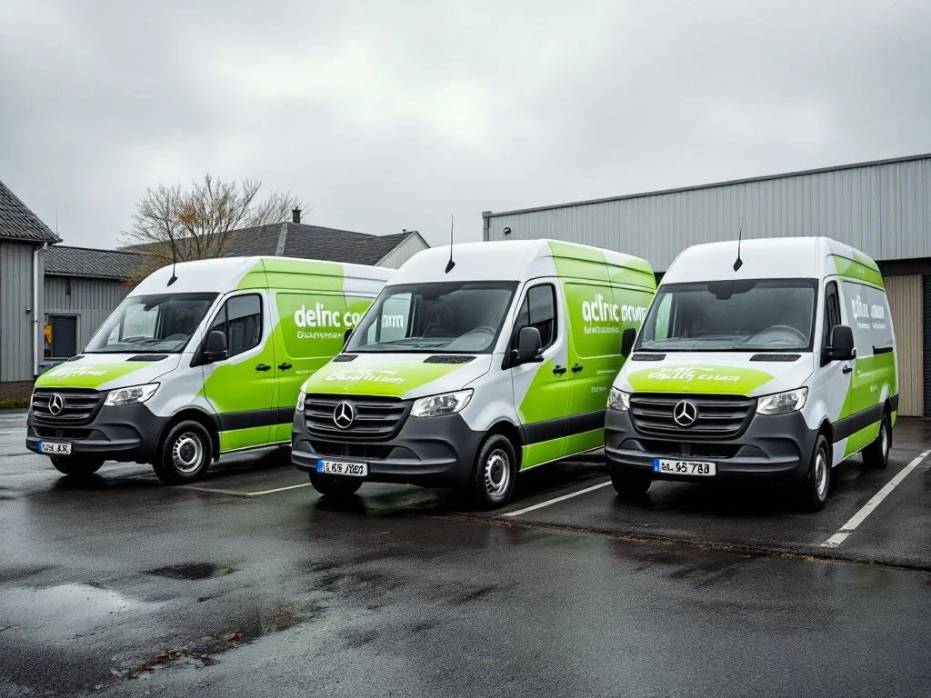 Drie witte bedrijfsbusjes met groene reclame geparkeerd op Nederlands industrieterrein, Mercedes Sprinter en VW Transporter