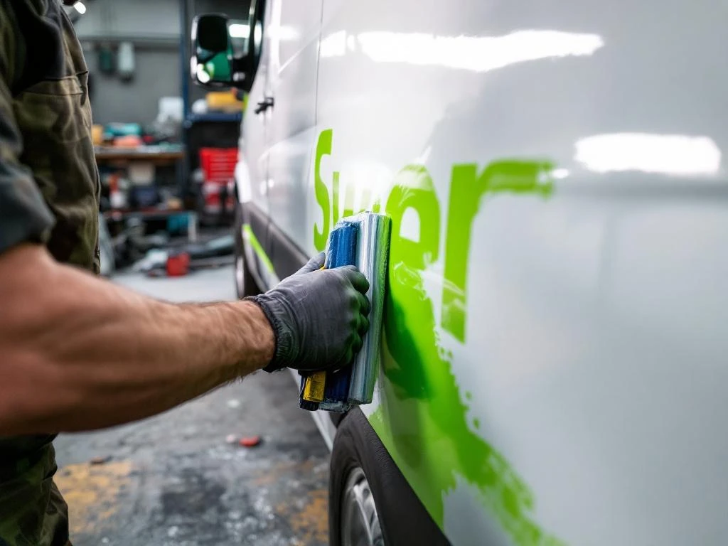 Voertuigbeletteraar brengt felgroene vinyl wrap aan op witte Mercedes Sprinter met squeegee in werkplaats
