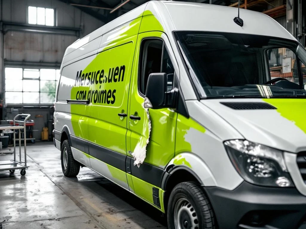 Witte Mercedes Sprinter bestelbus met beschadigde limoengroene vinyl wrap in Nederlandse werkplaats