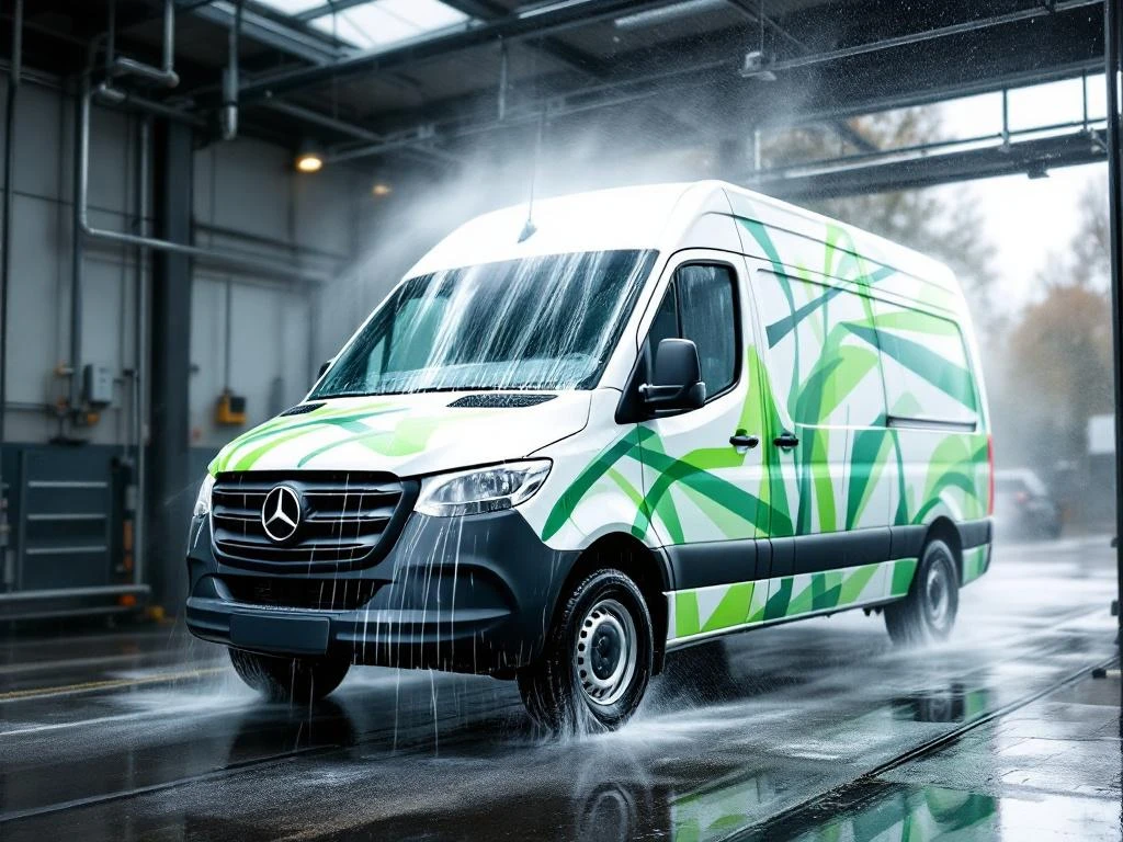 Lime groene Mercedes Sprinter bestelbus wordt onder druk gewassen bij Nederlandse wasstraat, close-up met waterdruppels