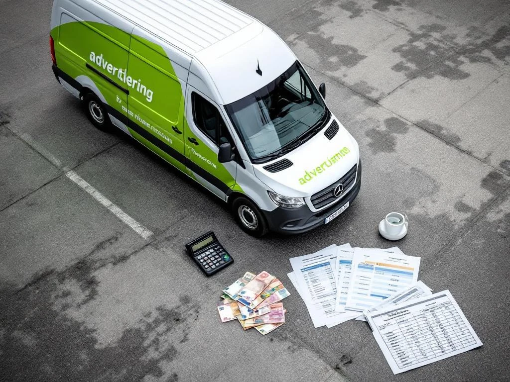 Witte Mercedes Sprinter bedrijfswagen met groene reclame-graphics naast rekenmachine en financiële documenten