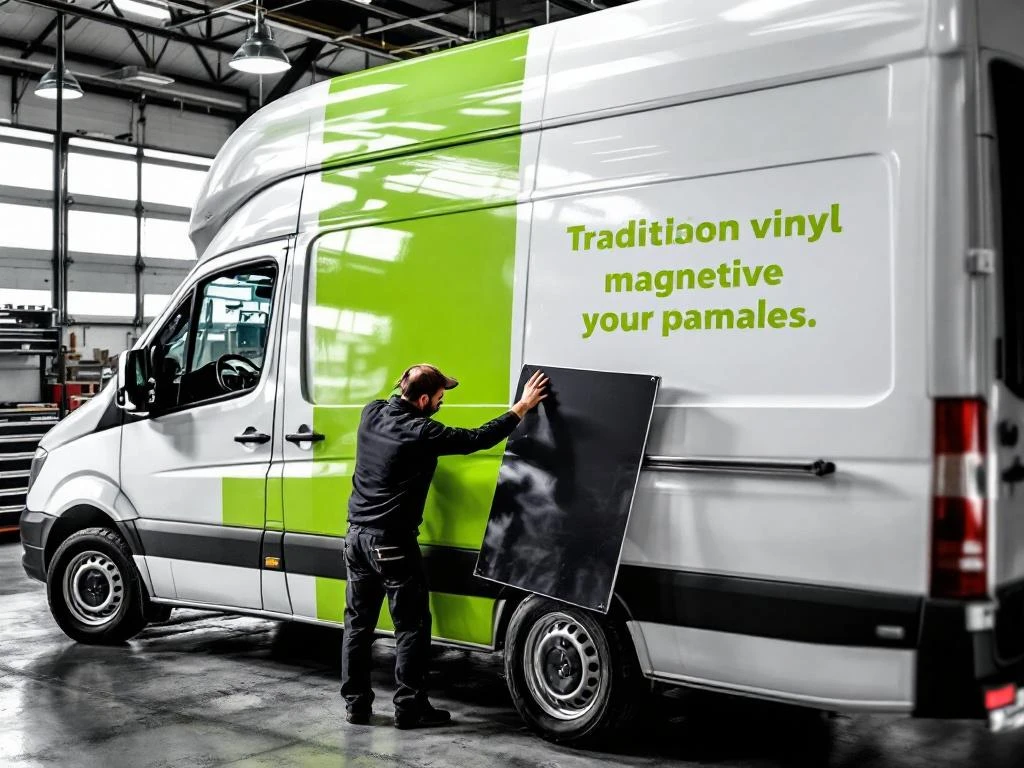Witte bedrijfswagen met helft permanente groene vinyl reclame en helft magnetische reclamepanelen in Nederlandse werkplaats