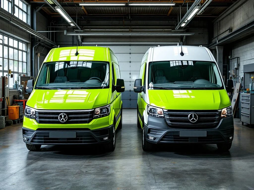 Twee witte bedrijfsbusjes in werkplaats tonen verschil tussen carwrapping en belettering in limoengroen