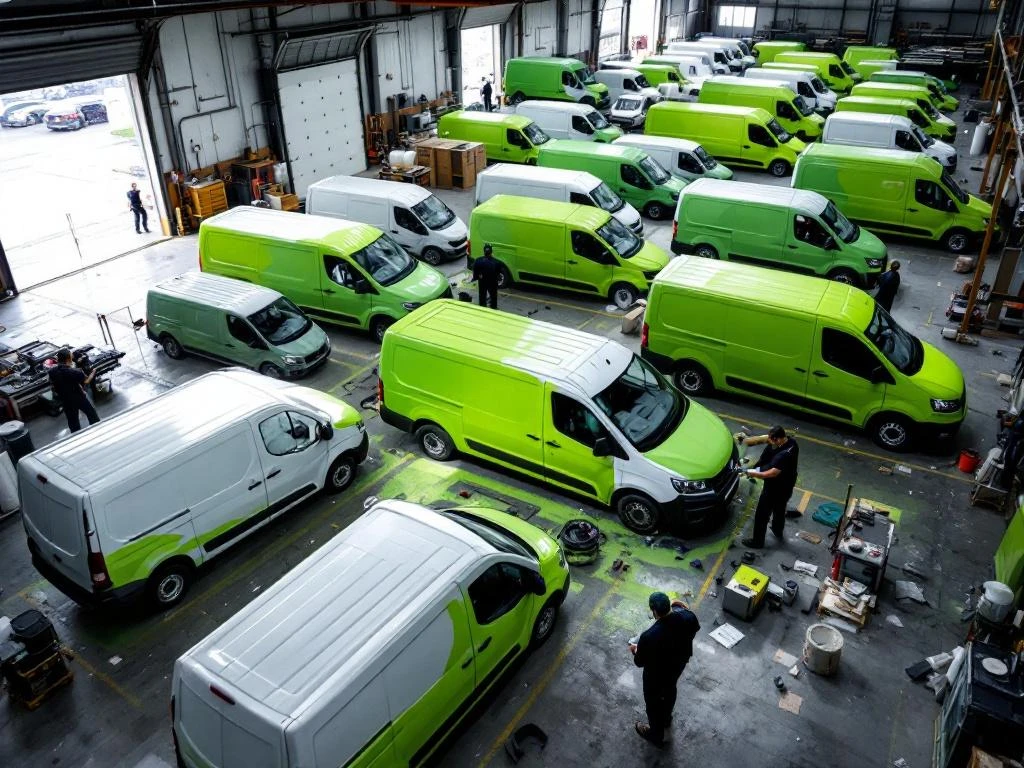 Witte bedrijfswagens in verschillende stadia van limoengroene vinyl belettering in Nederlandse werkplaats