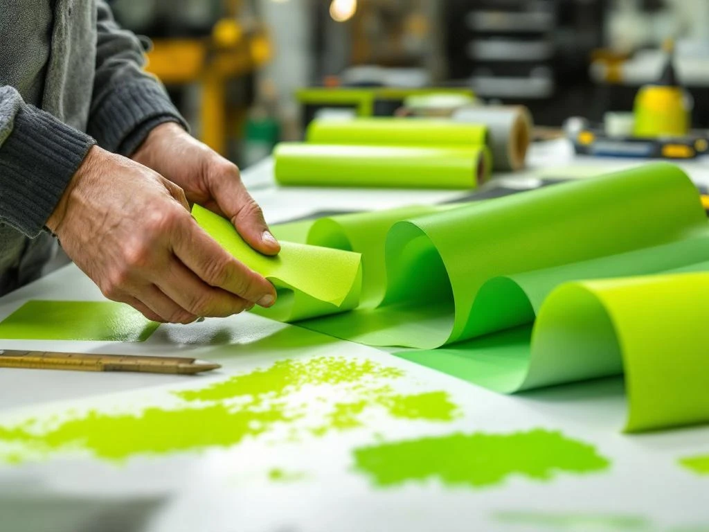 Handen vergelijken duurzame limoengroene vinyl wrap materialen voor voertuigen op witte werktafel met gereedschap