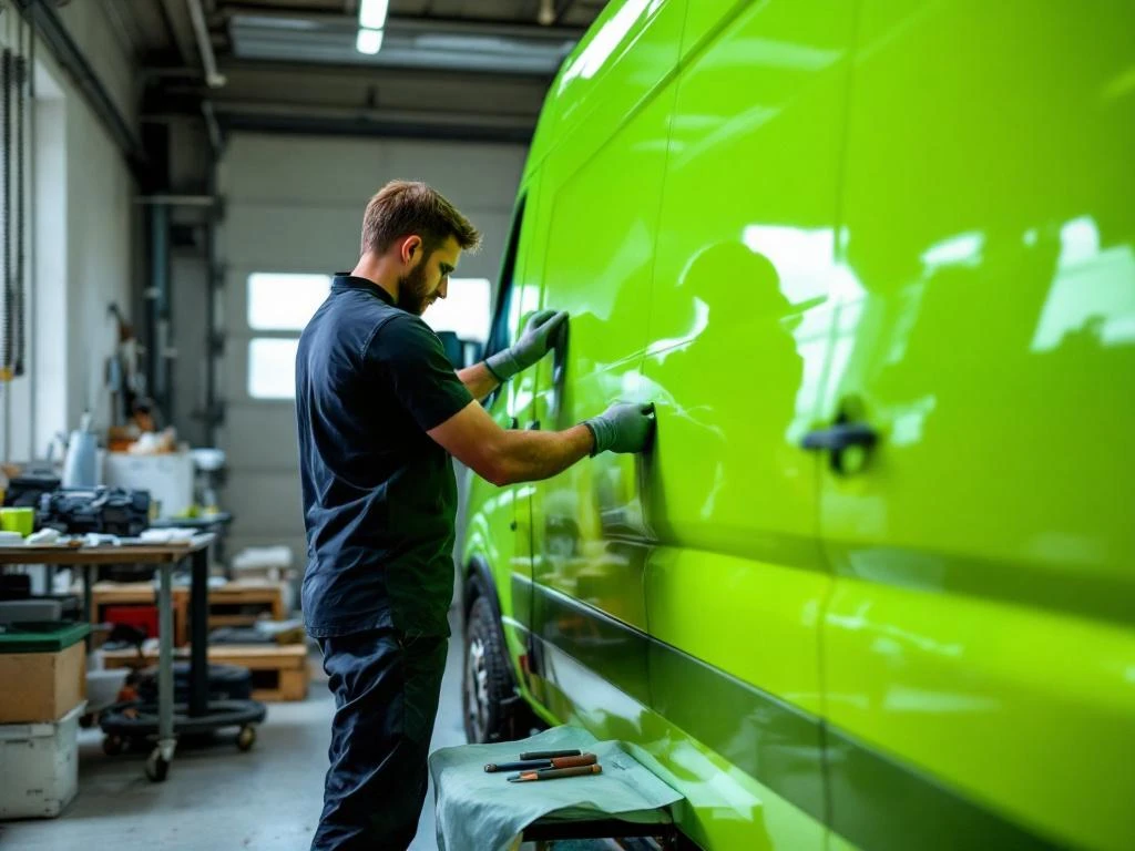 Voertuigbelettering specialist brengt milieuvriendelijke PVC-vrije vinyl wrap aan op witte bestelwagen in Nederlandse werkplaats
