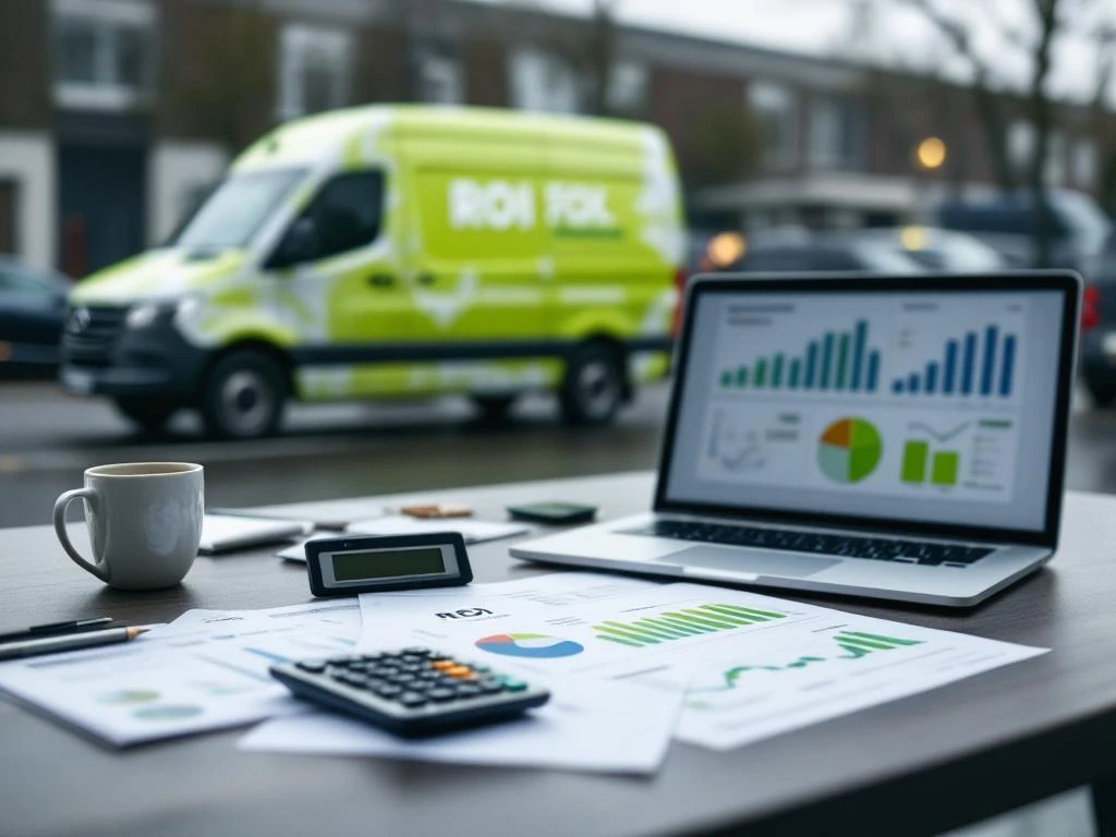 Rekenmachine en financiële grafieken op bureau met groene Mercedes Sprinter bedrijfswagen op Nederlandse parkeerplaats