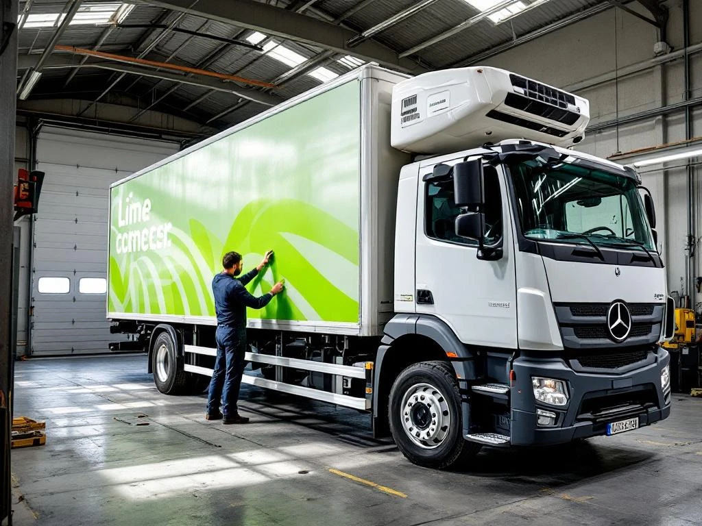 Technicus brengt felgroene vinyl belettering aan op witte koelwagen in Nederlandse werkplaats met professionele gereedschappen.