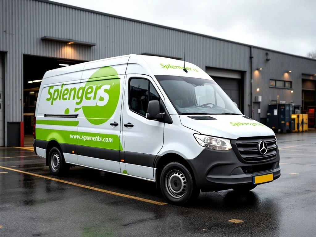 Witte Mercedes Sprinter bedrijfswagen met felgroene belettering geparkeerd bij Nederlandse werkplaats onder bewolkte hemel