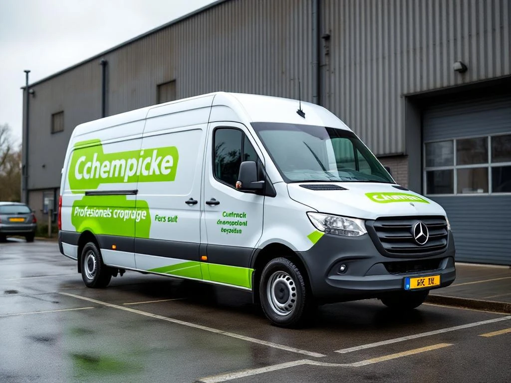 Witte Mercedes Sprinter bestelwagen met felgroene bedrijfsgraphics geparkeerd op Nederlands bedrijventerrein