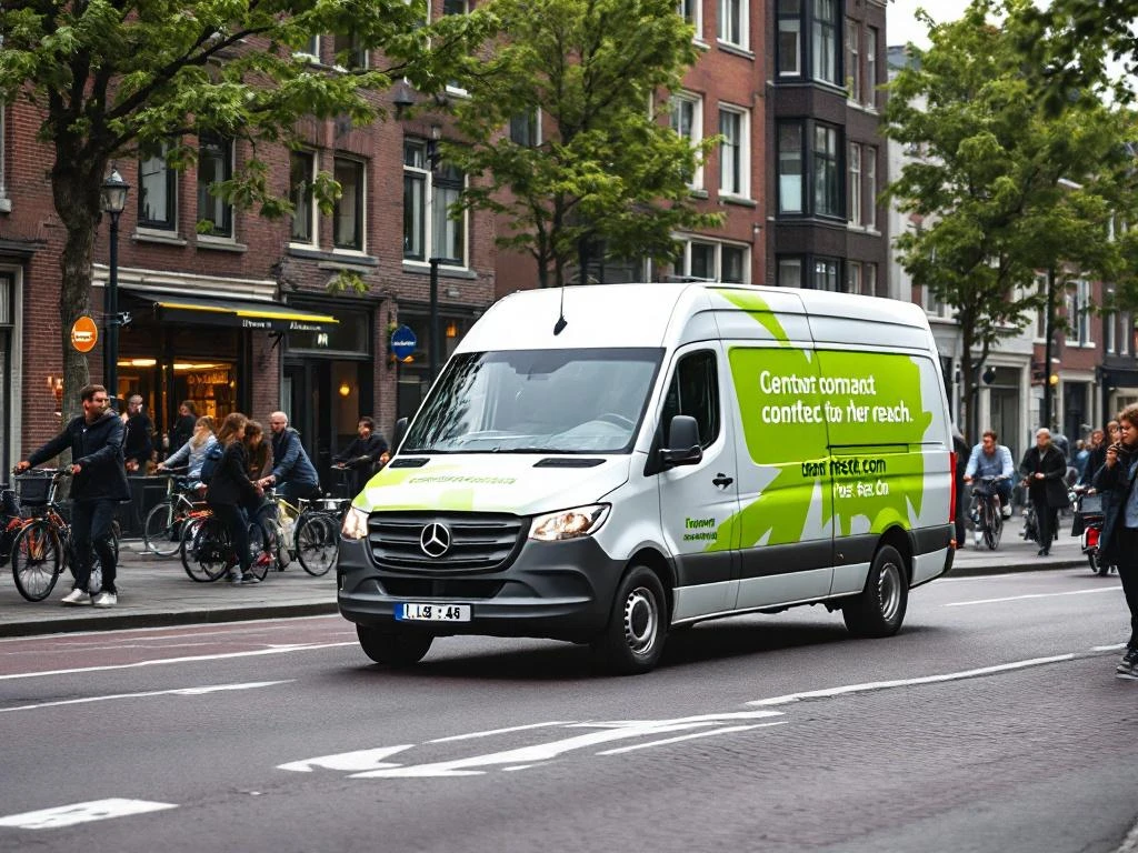 Witte Mercedes Sprinter bestelwagen met groene bedrijfsgrafiek rijdt door drukke Nederlandse straat met fietsers en voetgangers