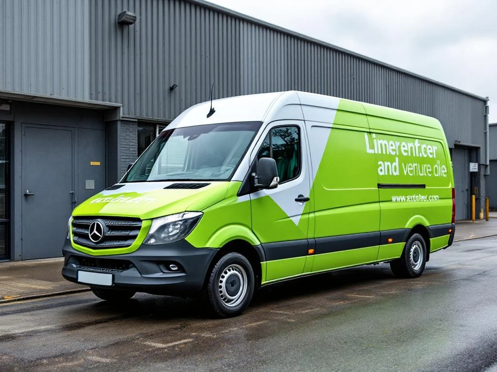 Witte Mercedes Sprinter bestelwagen met felgroene bedrijfsgraphics geparkeerd op Nederlandse bedrijfslocatie