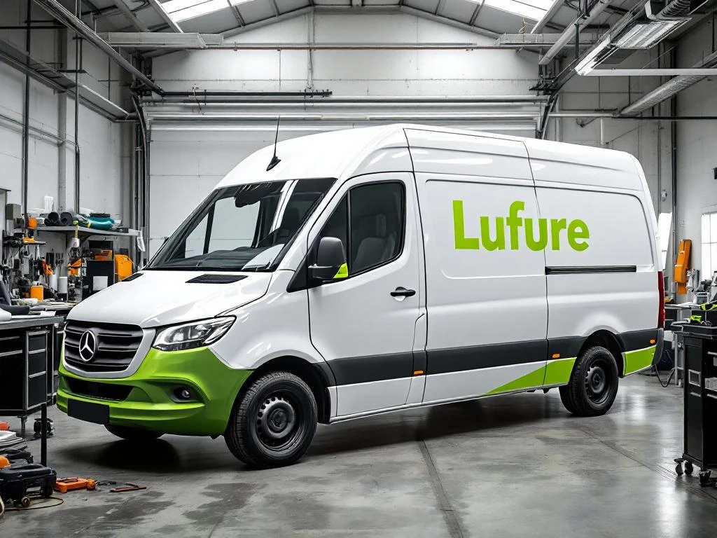 Witte Mercedes Sprinter bestelwagen in werkplaats tijdens transformatie met felgroene vinyl reclame half aangebracht