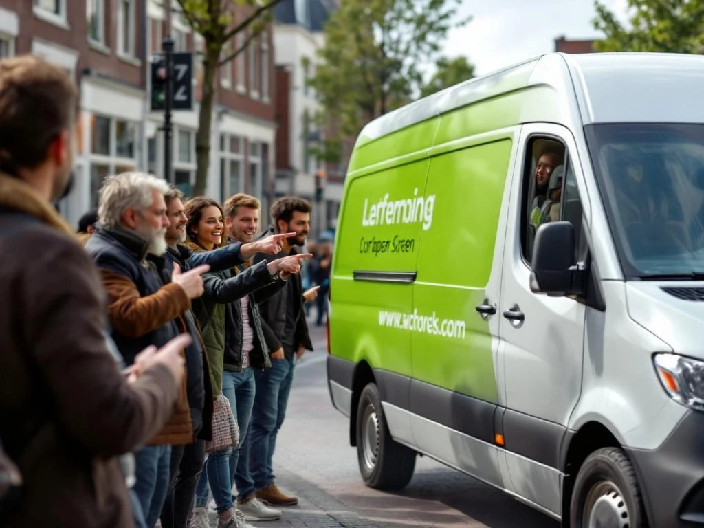 Witte Mercedes Sprinter bestelwagen met groene bedrijfsgraphics rijdt door Nederlandse straat terwijl voorbijgangers kijken