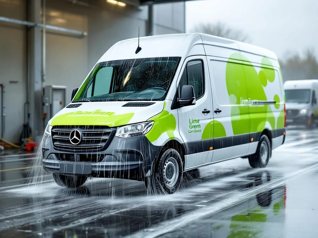 Witte Mercedes Sprinter bestelwagen met felgroene bedrijfsgraphics wordt onder druk gewassen in Nederlandse wasstraat