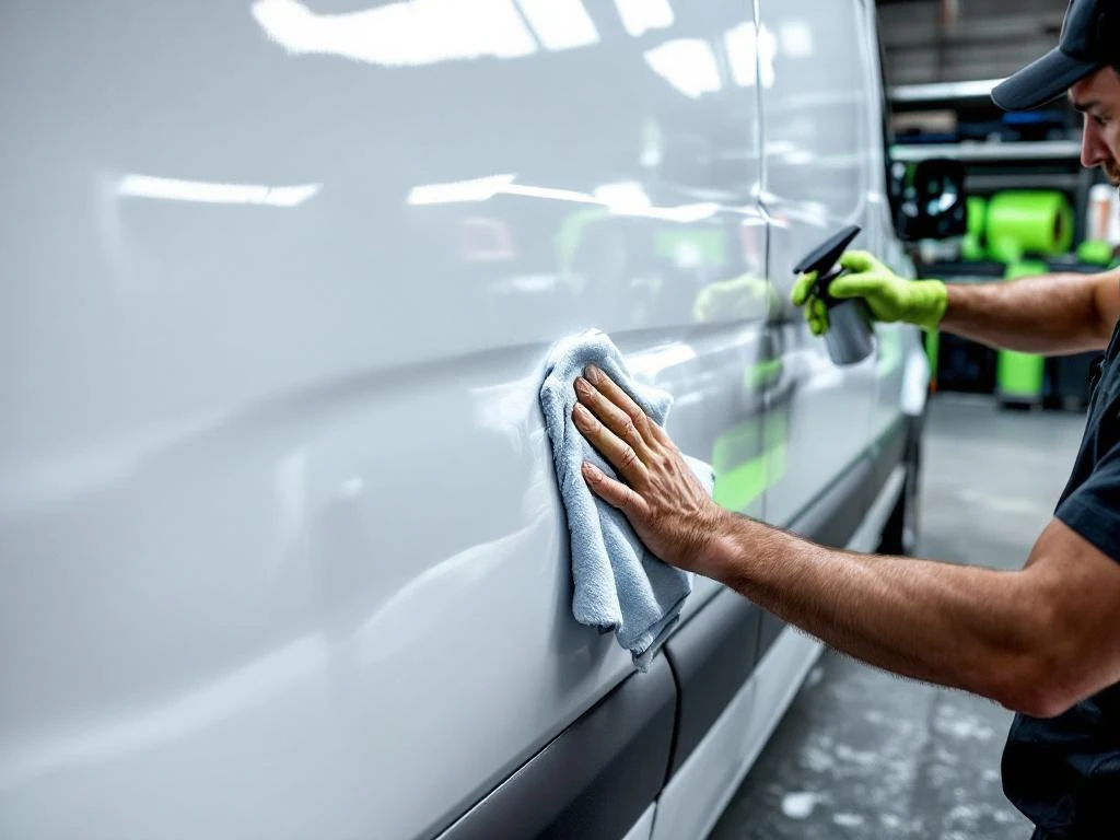 Monteur reinigt witte Mercedes Sprinter met microvezeldoek voor vinyl applicatie in Nederlandse werkplaats