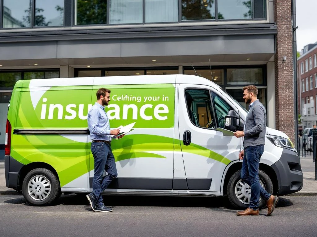 Witte bedrijfsbus met groene reclame geparkeerd bij verzekeringsmaatschappij, zakenman houdt documenten vast