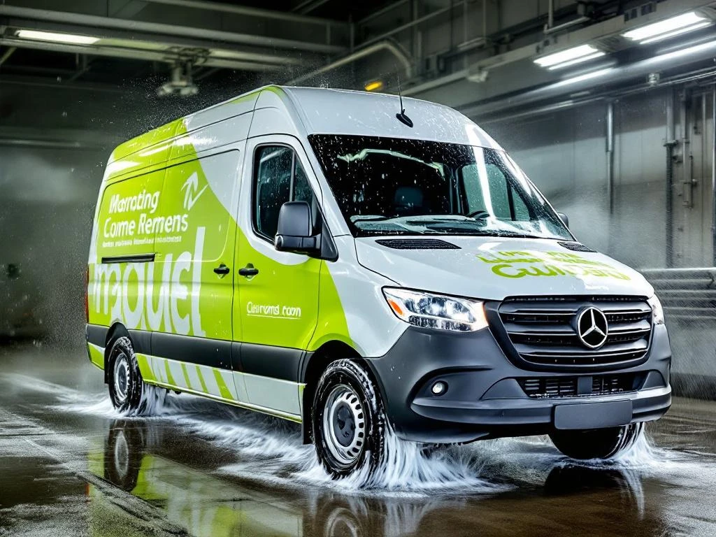 Witte Mercedes Sprinter bestelwagen met lime groene vinyl belettering wordt gewassen in automatische carwash