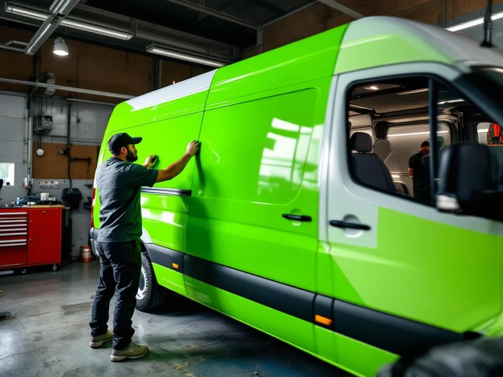 Technicus brengt felgroene vinyl belettering aan op witte Mercedes Sprinter bestelwagen in Nederlandse werkplaats