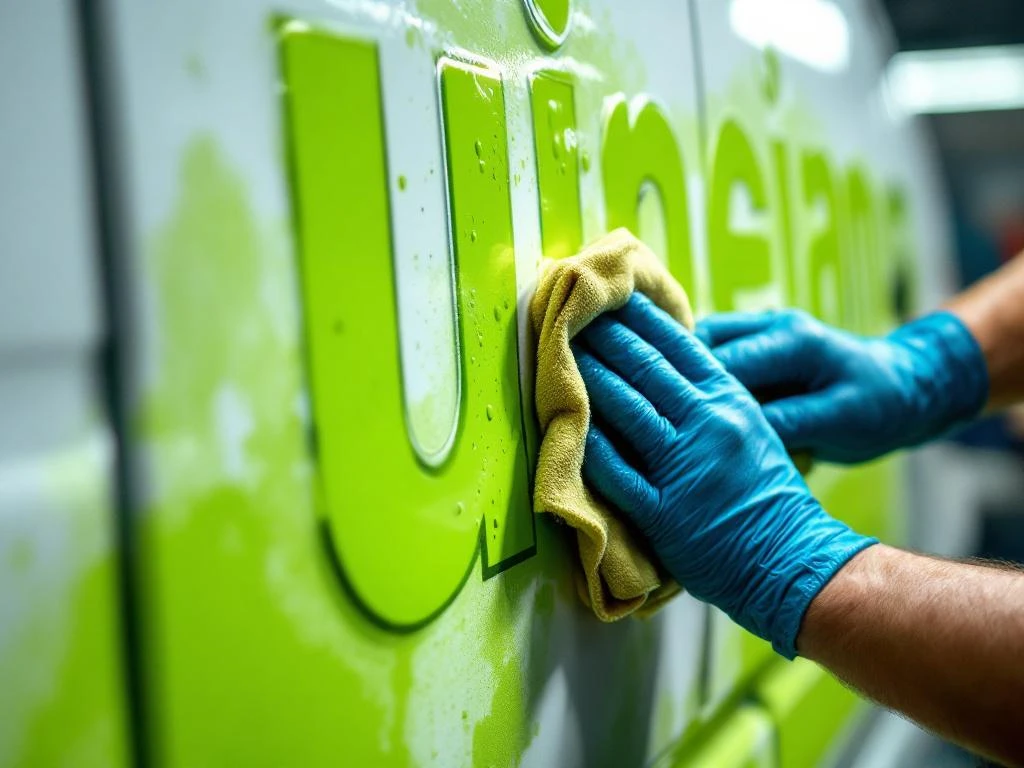 Handen in werkhandschoenen reinigen vuile limoengroene vinyl letters op witte bedrijfswagen met microvezeldoek