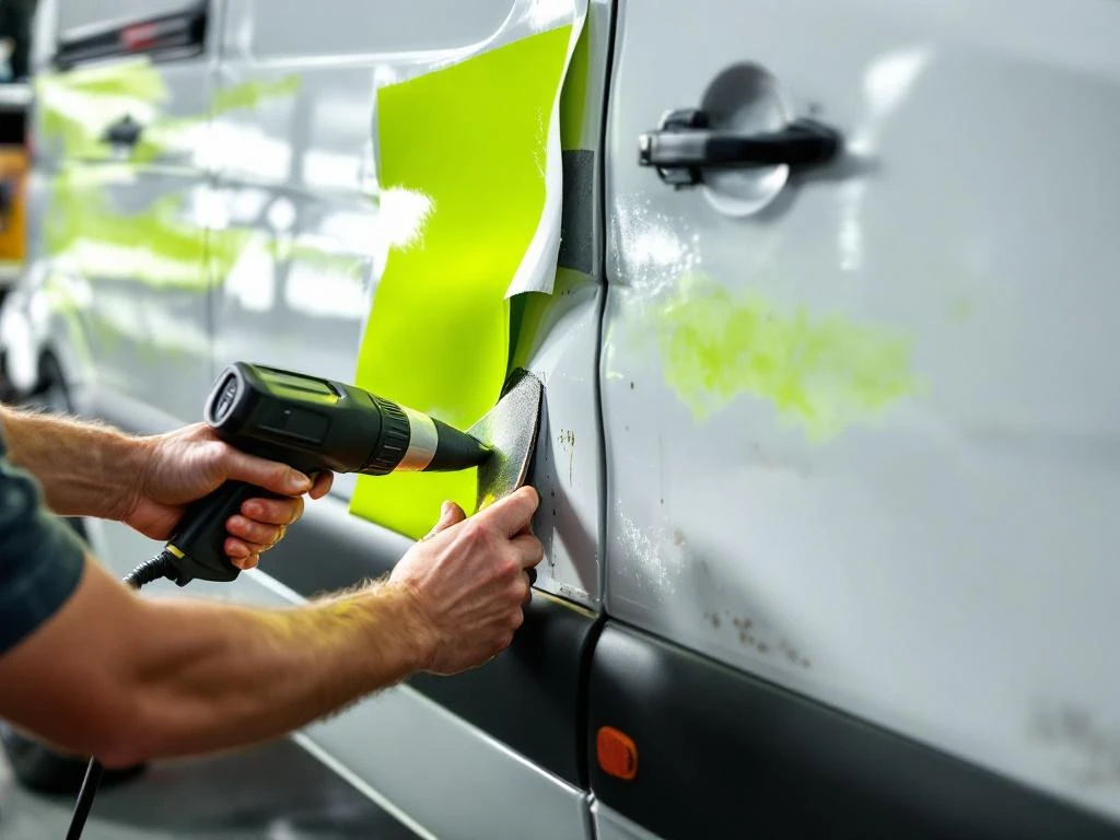 Professionele verwijdering van groene vinyl belettering van witte Mercedes Sprinter bestelwagen met warmtepistool
