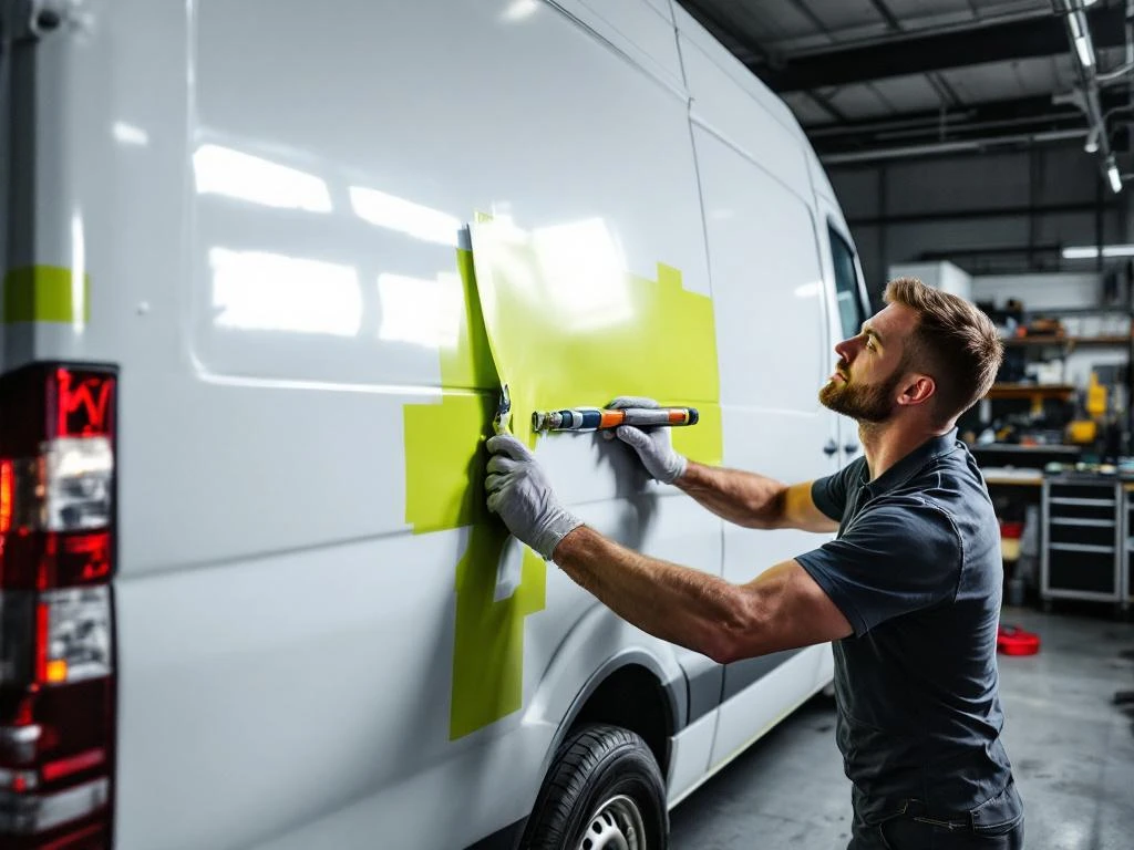 Installateur verwijdert groene vinyl belettering van witte Mercedes Sprinter bestelwagen in professionele werkplaats