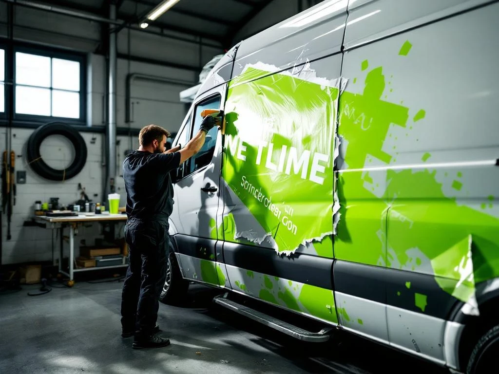 Installateur verwijdert groene vinyl belettering van witte Mercedes Sprinter bestelwagen in professionele autowerkplaats