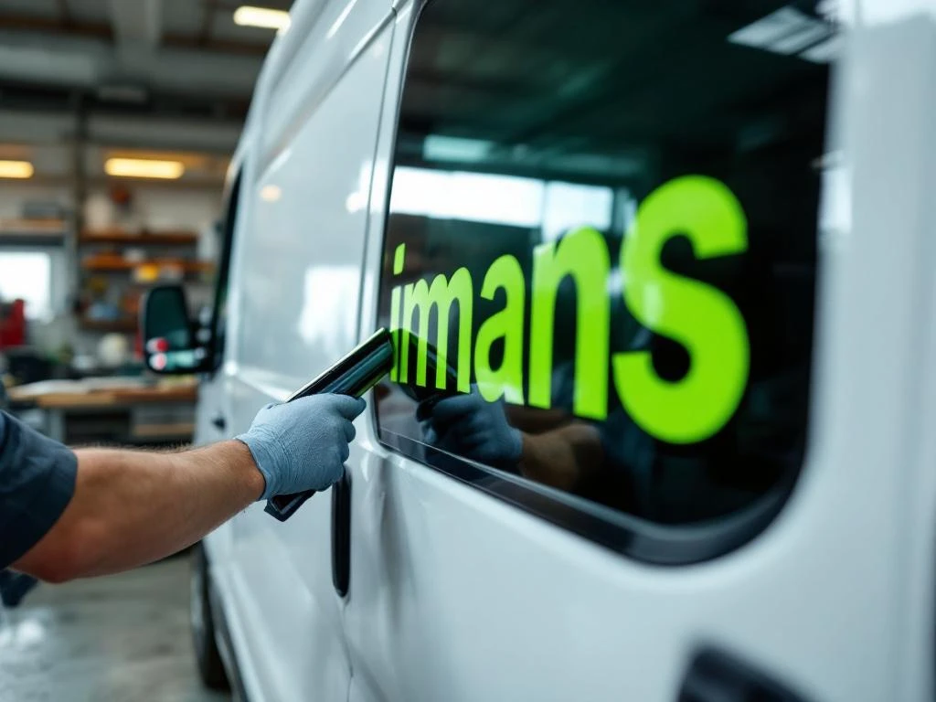 Handen brengen felgroene vinyl stickers aan op zijruit van witte bedrijfswagen met wisser in werkplaats