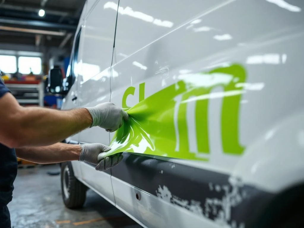 Vakkundige handen verwijderen lime groene vinylletters van witte Mercedes Sprinter zijpaneel in professionele werkplaats