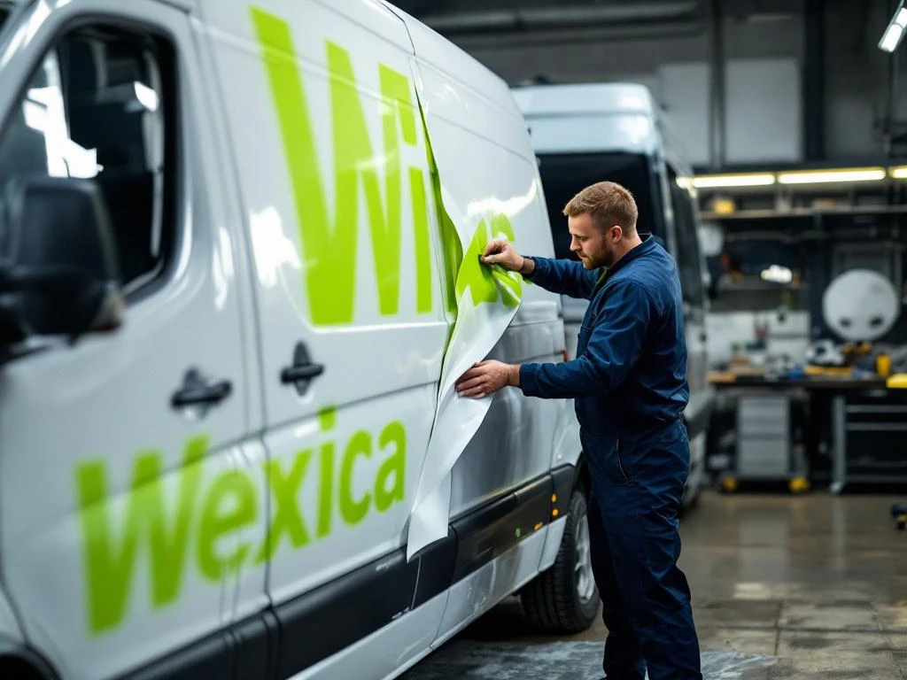 Technicus verwijdert lime groene vinyl belettering van witte Mercedes Sprinter bestelwagen in professionele werkplaats